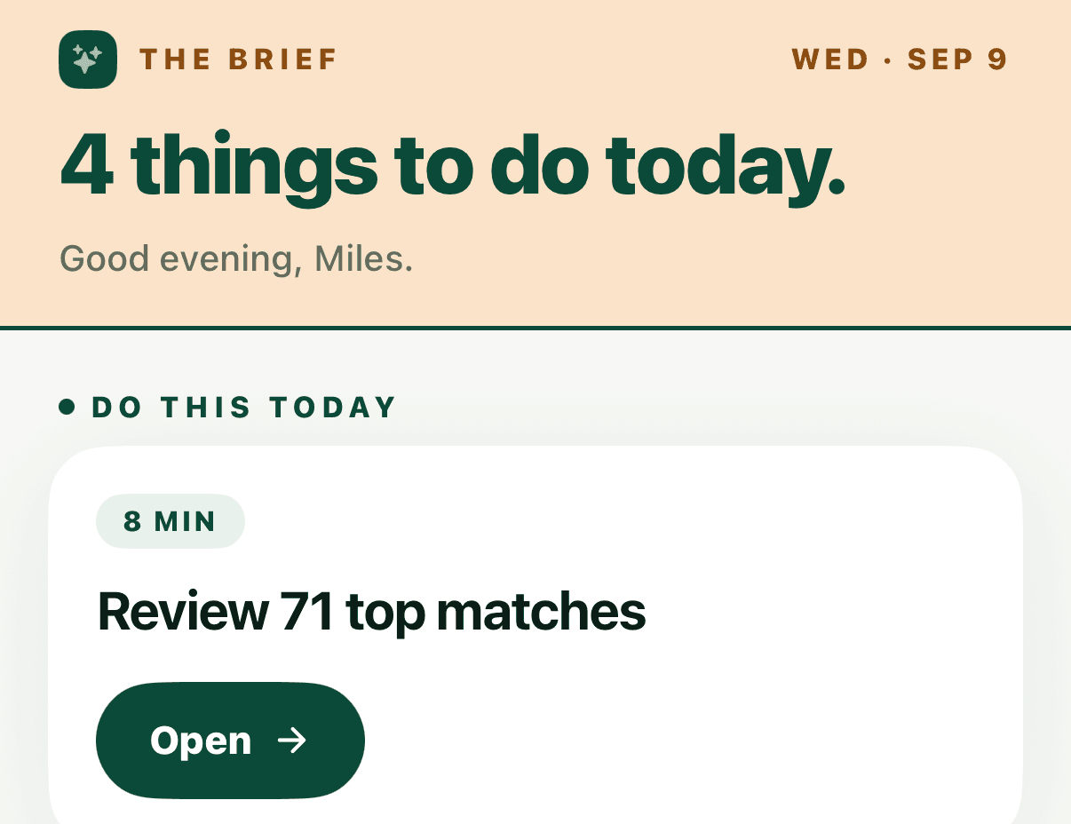 The Brief in the OneCommit app, dated Wednesday September 9, headed '4 things to do today.', with the first task card marked 8 MIN, 'Review 71 top matches', and an Open button