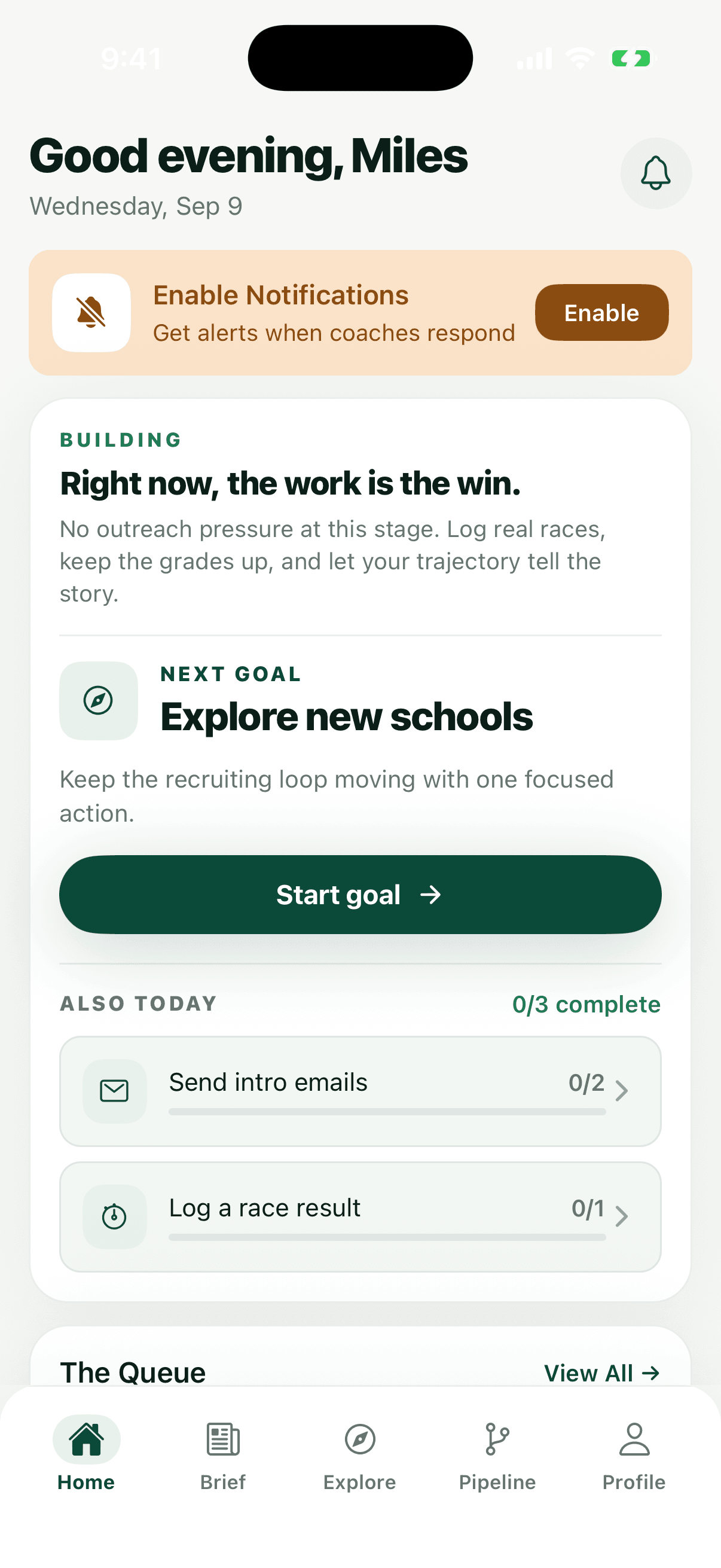 OneCommit home screen showing the athlete's next goal, today's tasks, and the queue of matches, sent messages, and replies