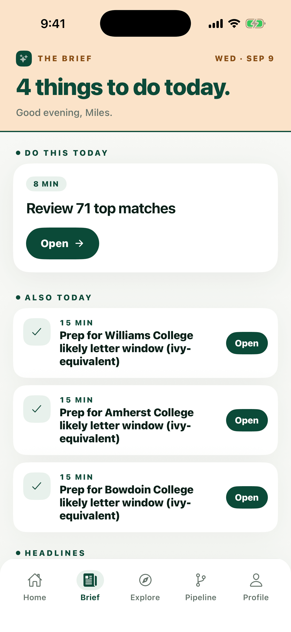 OneCommit's daily Brief, dated, listing four things to do today with a time estimate on each