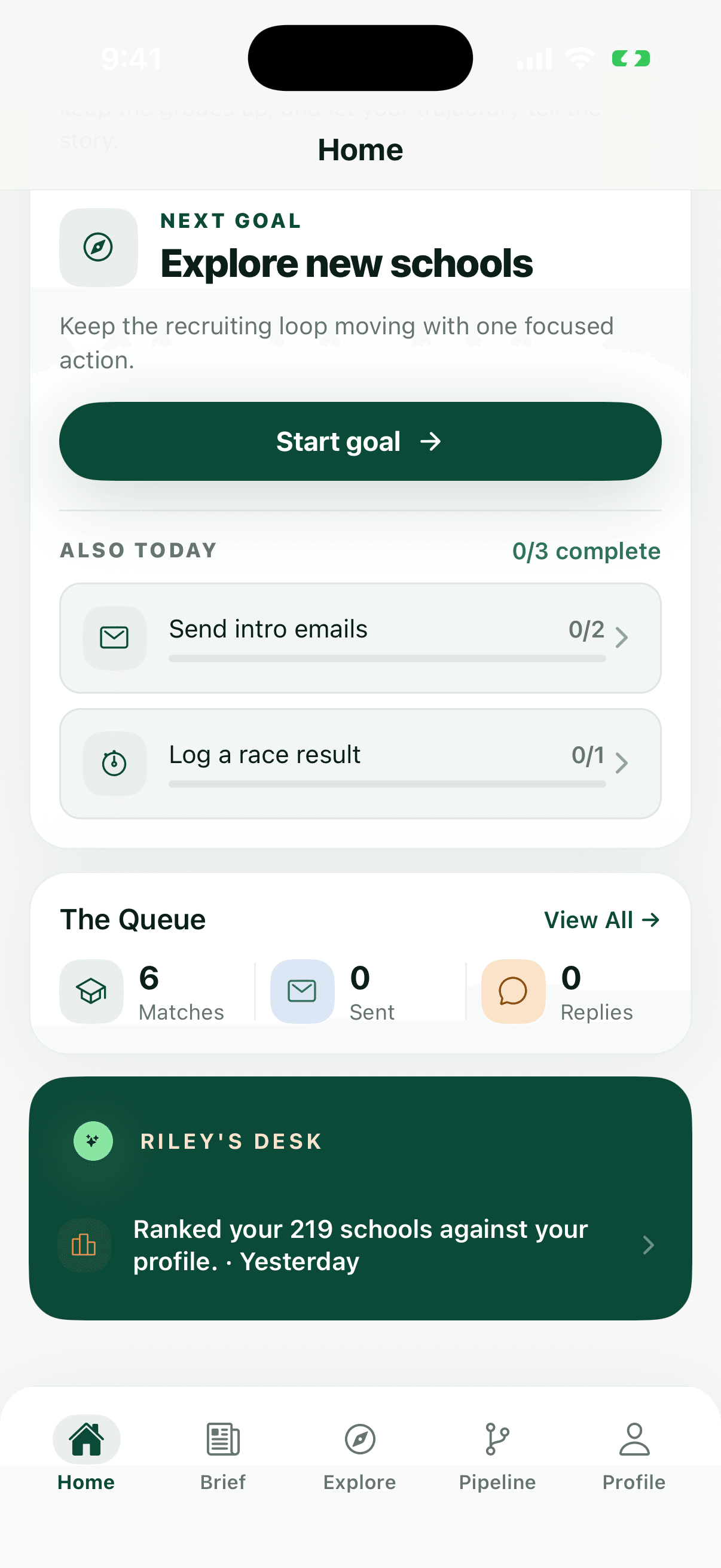 OneCommit home: the day's focused actions above The Queue, which counts matches, sent messages, and replies